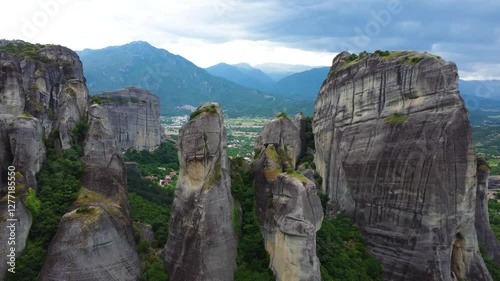 Drone view of Monastery and Meteora rocks in Meteora, Greece