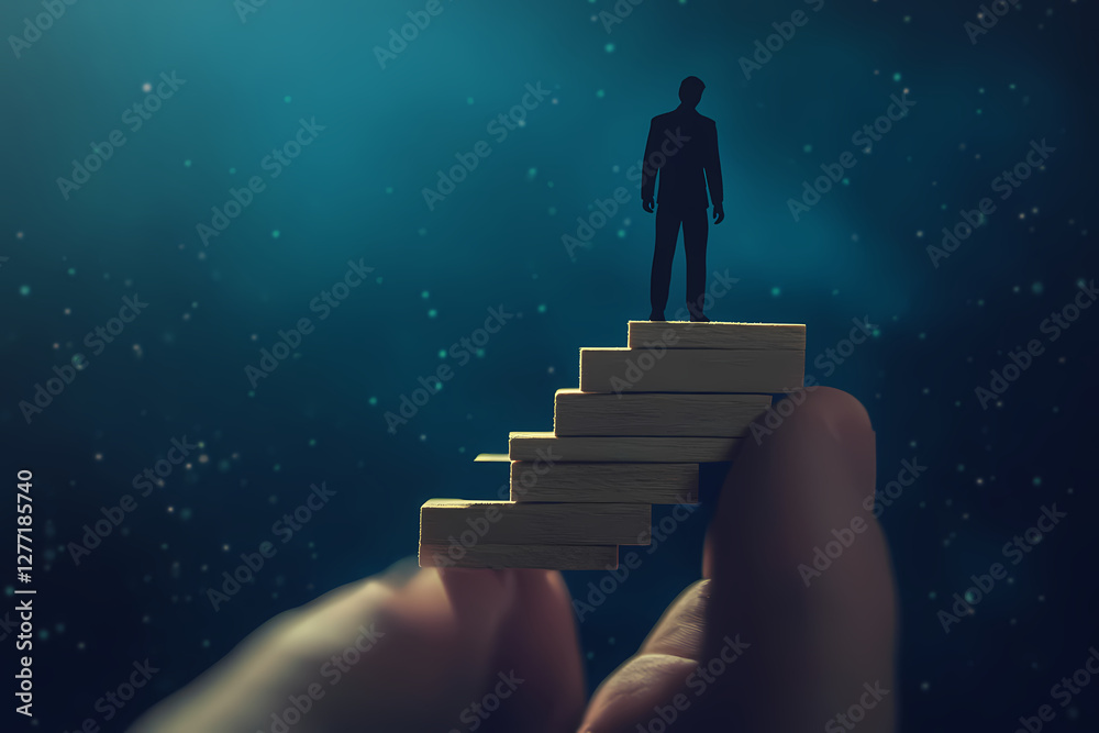 Reaching New Heights: An emblematic figure stands atop a miniature staircase, signifying ambition, aspiration, and the climb to success, against a starlit, aspirational backdrop. Reaching New Heights: An emblematic figure stands atop a miniature staircase, signifying ambition, aspiration, and the climb to success, against a starlit, aspirational backdrop.