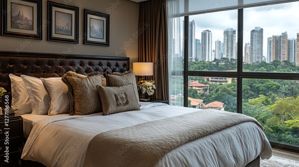 A cozy bedroom with a view of a city skyline and greenery outside the window. A cozy bedroom with a view of a city skyline and greenery outside the window.