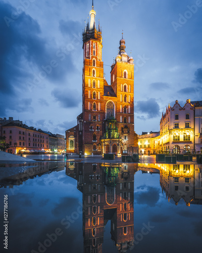 Cracow, Poland - St. Mary's Basilica on the Cracow Main Square at dusk. Beautiful Krakow old town, famous tourist attraction and travel destination	