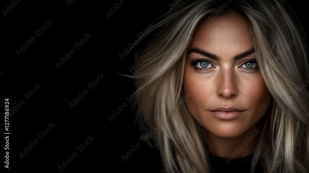 Perfect gorgeous caucasian blonde 30 year old woman. Thick lips. Long flowing blonde hair. sun tanned skin. Clear silver-blue eyes with smoky eye makeup Perfect gorgeous caucasian blonde 30 year old woman. Thick lips. Long flowing blonde hair. sun tanned skin. Clear silver-blue eyes with smoky eye makeup