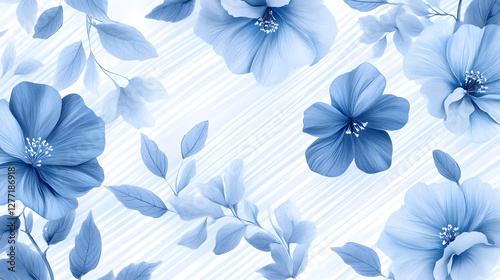 Stamped blue stripes and white floral, seamless pattern
