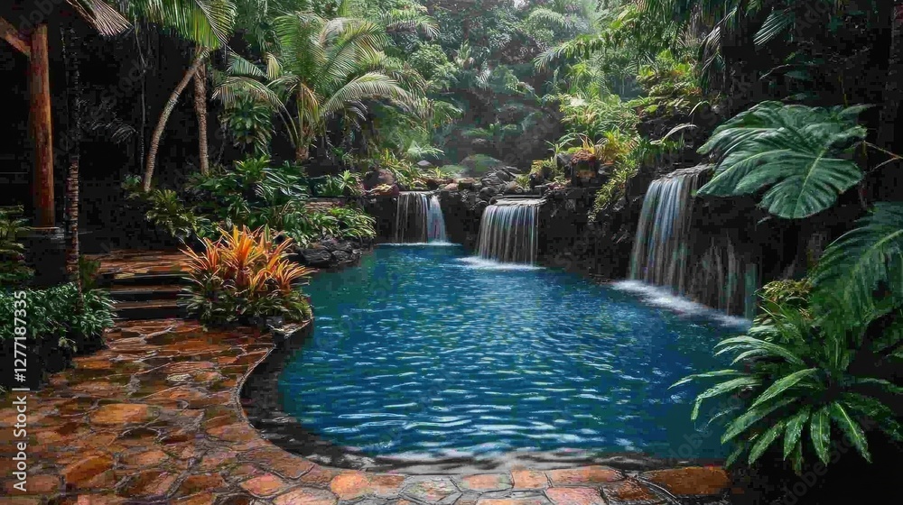 Naklejka premium A serene pool surrounded by lush greenery and cascading waterfalls.