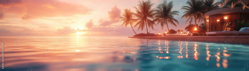 Luxury beach resort pool with glowing AR amenities floating, serene tropical setting, soft sunset light, photorealistic Luxury beach resort pool with glowing AR amenities floating, serene tropical setting, soft sunset light, photorealistic