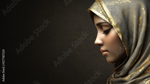 Elegant Woman in a Hijab with Gold Detailing Against Dark Background photo