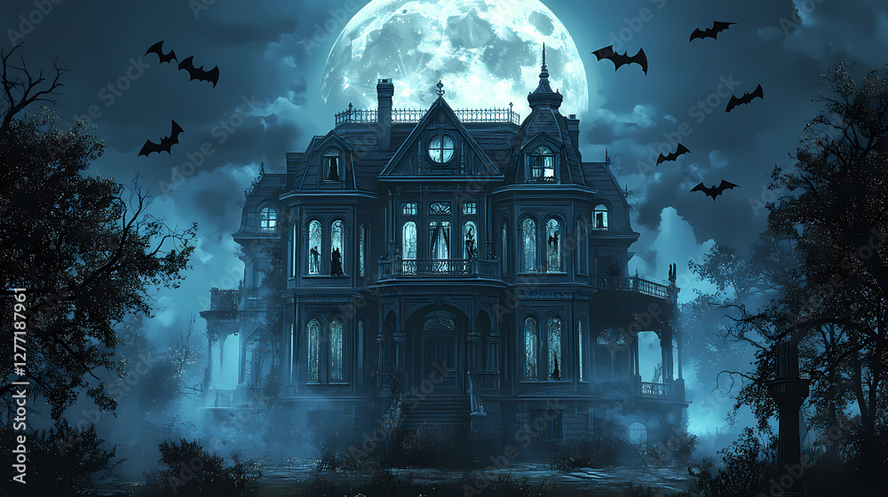 Haunted victorian mansion illuminated by a full moon with bat silhouettes on a transparent background. Spectral Victorian Mansion. Illustration Haunted victorian mansion illuminated by a full moon with bat silhouettes on a transparent background. Spectral Victorian Mansion. Illustration
