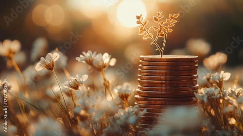 A stack of coins with a small plant growing amidst flowers, symbolizing growth and prosperity.