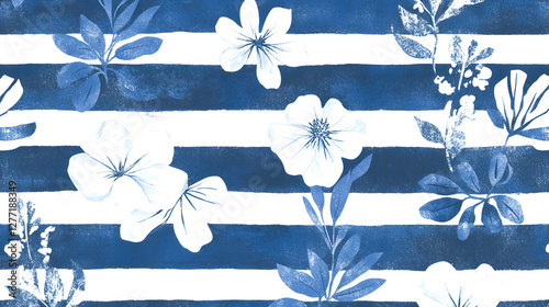 Stamped blue stripes and white floral, seamless pattern

