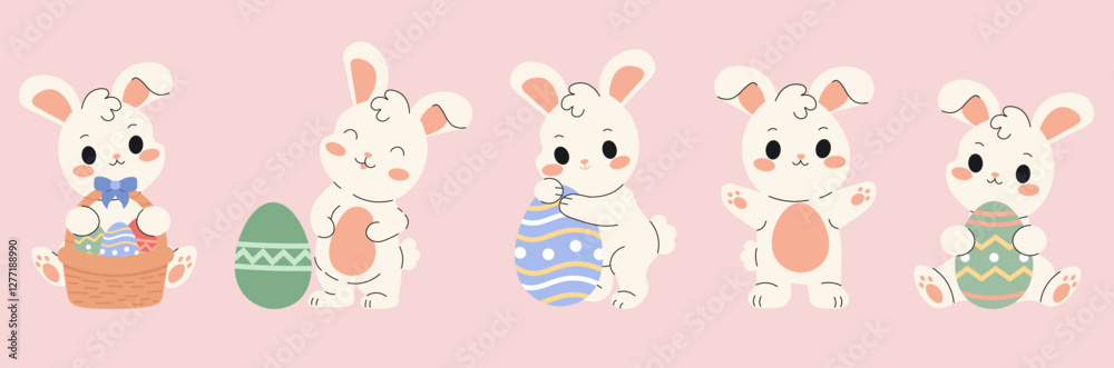 Obraz premium Flat style illustration of adorable Easter bunnies in various poses with decorated eggs and a basket, perfect for festive designs, greeting cards, and seasonal decorations.
