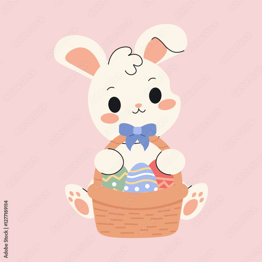 Flat style illustration of a cute Easter bunny holding a basket filled with colorful decorated eggs, ideal for holiday greetings, festive decorations, and seasonal projects. Flat style illustration of a cute Easter bunny holding a basket filled with colorful decorated eggs, ideal for holiday greetings, festive decorations, and seasonal projects.