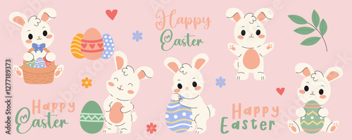 Flat style illustration of cute Easter bunnies with decorated eggs and a festive basket, perfect for holiday designs, greeting cards, and seasonal decorations.