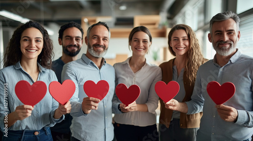 Group of Happy Professionals Holding Red Hearts in a Modern Office Setting