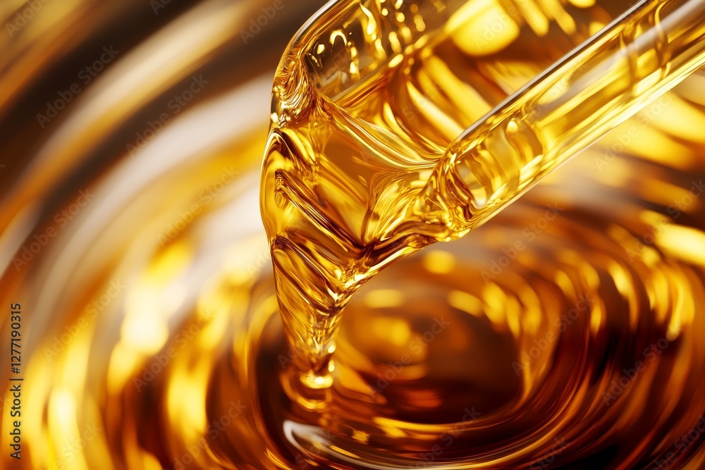 Golden Liquid Flowing from a Pipette into a Bowl of Oil Golden Liquid Flowing from a Pipette into a Bowl of Oil