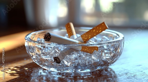 Cigarettes in ice-filled glass bowl on table with window light photo