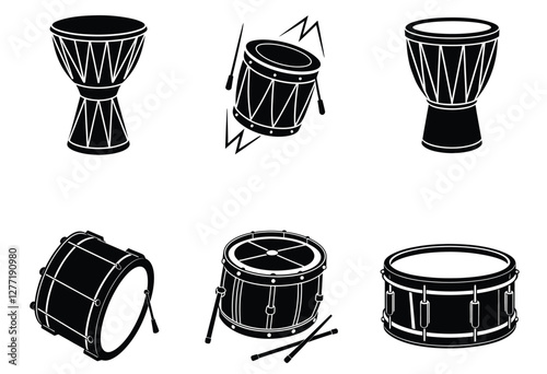 Set of black and white drums silhouette  on white background