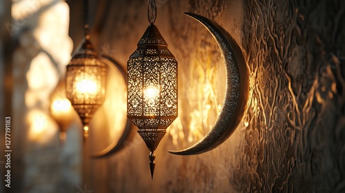 Enchanting Moroccan Night: Gleaming Lanterns under a Half Moon, casting a warm, inviting glow. Perfect for travel brochures, websites, and design      photo