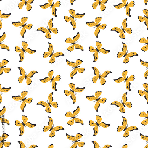 Seamless pattern of yellow butterflies in a flat style, arranged in an elegant scattered layout. Ideal for textiles, wallpapers, packaging, and decorative backgrounds