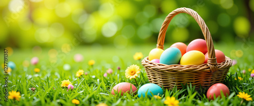 Colorful decorated eggs in a wicker basket on vibrant green grass surrounded by daisies, evoking a joyful and festive mood related to Easter celebrations