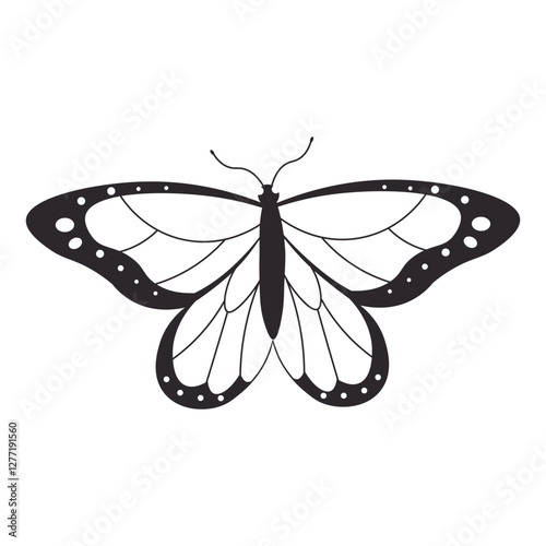 Flat style illustration of a symmetrical butterfly with intricate wing details in black and white, perfect for nature-inspired designs, decoration, and artistic projects.