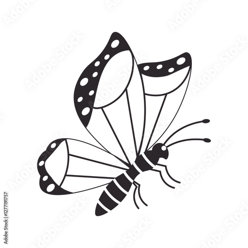 Black and white illustration of a butterfly with intricate, delicate wings, ideal for nature-inspired designs, tattoos, coloring pages, and decorative patterns.