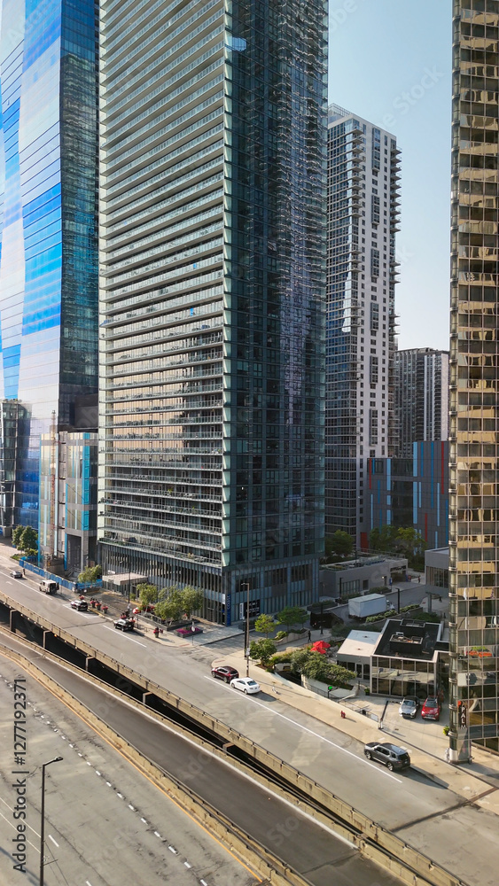 Stunning aerial view from drone of Chicago skyscrapers along the Chicago River Stunning aerial view from drone of Chicago skyscrapers along the Chicago River