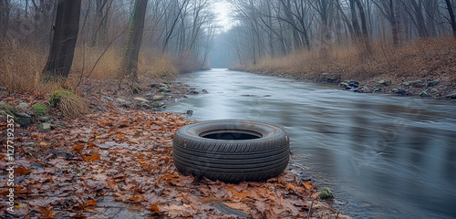 Old tire rests by a serene stream surrounded by trees and autumn leaves in a quiet forest