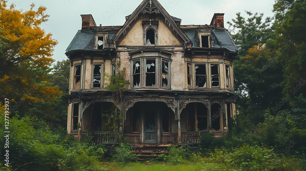 A spooky, dilapidated victorian house with broken windows and overgrown foliage, perfect for haunted or abandoned themes. Spectral Victorian Mansion. Illustration A spooky, dilapidated victorian house with broken windows and overgrown foliage, perfect for haunted or abandoned themes. Spectral Victorian Mansion. Illustration