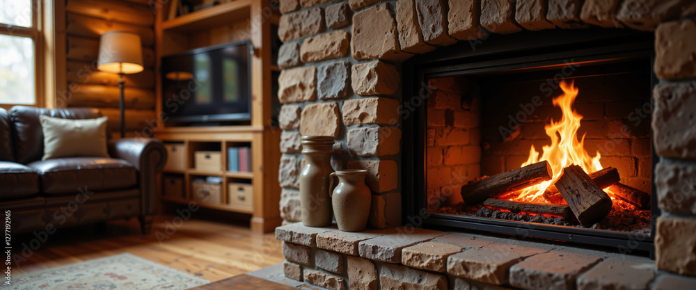 Cozy living room with a stone fireplace gently glowing, creating a warm and inviting atmosphere for relaxation and comfort in a rustic setting