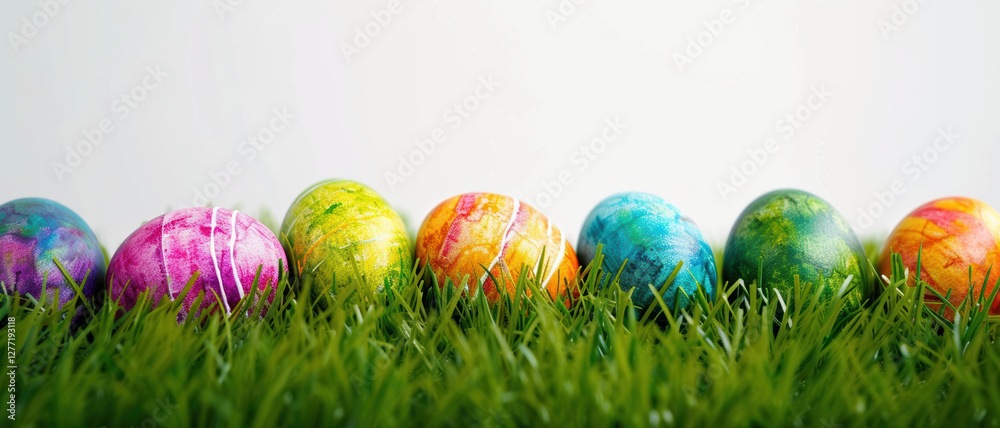 Fototapeta premium Vibrantly colored easter eggs nestled in fresh grass perfect for spring holiday celebrations and decor inspiration