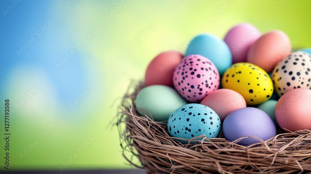 Easter arrangement with bird nest filled with painted multicolored eggs, copy space