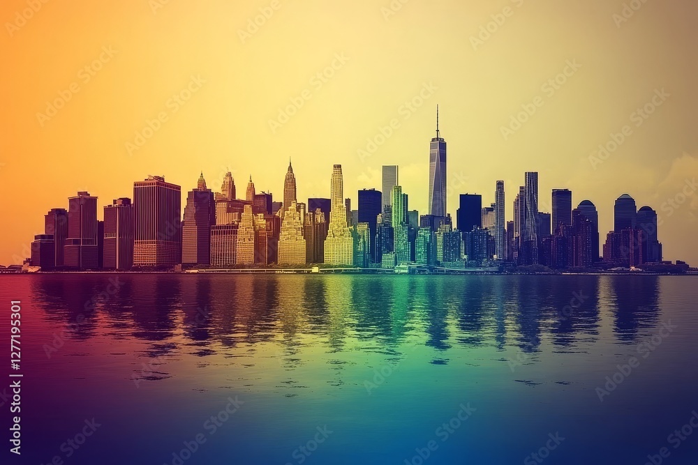 Serenity of NYC Skyline Reflected in Calm Waters at Dusk Serenity of NYC Skyline Reflected in Calm Waters at Dusk