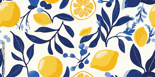Seamless Pattern of Lemons with Santorini Blue and White, Greece designs. Blue, white patterns and floral motifs for textiles, wallpapers, home decor. Mediterranean style