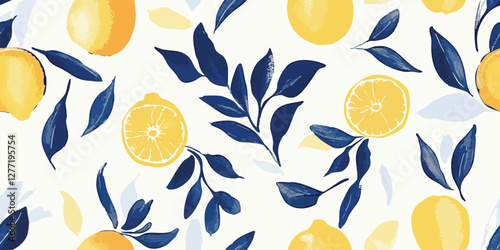 Seamless Pattern of Lemons with Santorini Blue and White, Greece designs. Blue, white patterns and floral motifs for textiles, wallpapers, home decor. Mediterranean style