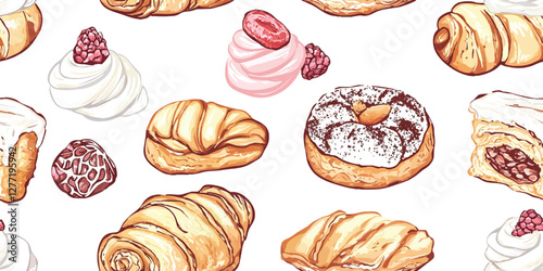 Seamless vector pattern featuring watercolor cakes and buns on white background perfect for fabric wallpaper or textile design