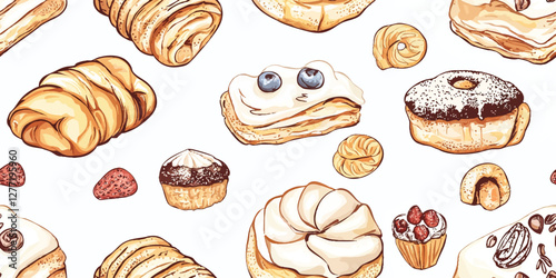 Seamless vector pattern featuring watercolor cakes and buns on white background perfect for fabric wallpaper or textile design