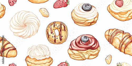 Seamless vector pattern featuring watercolor cakes and buns on white background perfect for fabric wallpaper or textile design