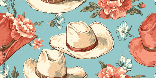 Colorful Cowboy Hats and flowers with Western Motifs on a blue Background seamless pattern for design projects menus and product packaging