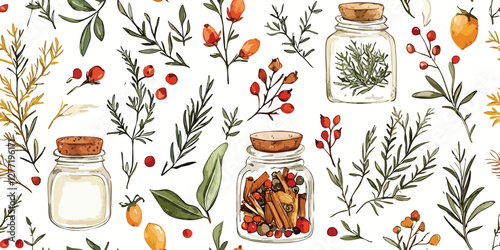 Seamless vector pattern with herbs and spices. watercolor botanical illustration background