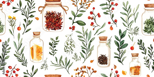 Seamless vector pattern with herbs and spices. watercolor botanical illustration background