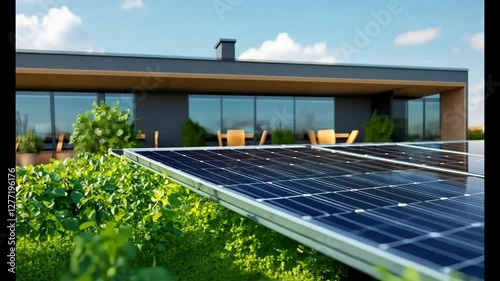 Rooftop solar panels, modern home, green energy