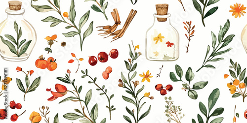 Seamless vector pattern with herbs and spices. watercolor botanical illustration background
