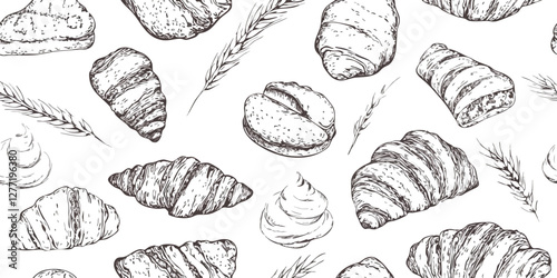 Pastry vector pattern, seamless background with hand drawn bakery products, illustrations of croissants, loaves of bread, toast, and wheat stalks