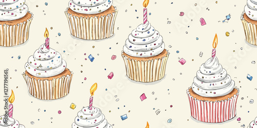Seamless vector pattern design pastel cupcakes and a candle on a beige vintage background