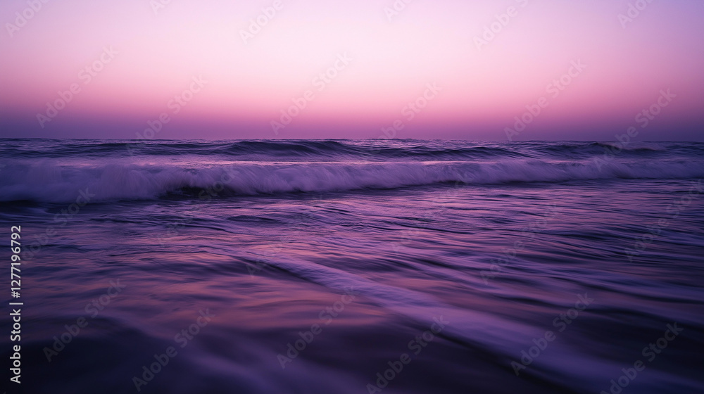 Ocean waves at dusk, horizon fading into a deep purple sky, waves creating a smooth, reflective surface as they wash ashore Generative AI Ocean waves at dusk, horizon fading into a deep purple sky, waves creating a smooth, reflective surface as they wash ashore Generative AI