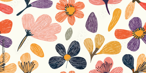 Abstract orange yellow flower seamless pattern with dotted style. flower and leaves background