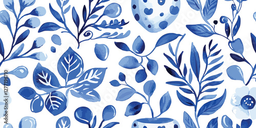 Ethnic blue seamless patterns with plant motifs. Modern abstract design for paper, cover, fabric, interior decor and other