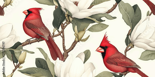 Red northern cardinal birds seamless pattern. Spring flat vector illustration with bird, branches and magnolia flowers, cartoon cute style. Design element for wrapping, wallpaper, banner background