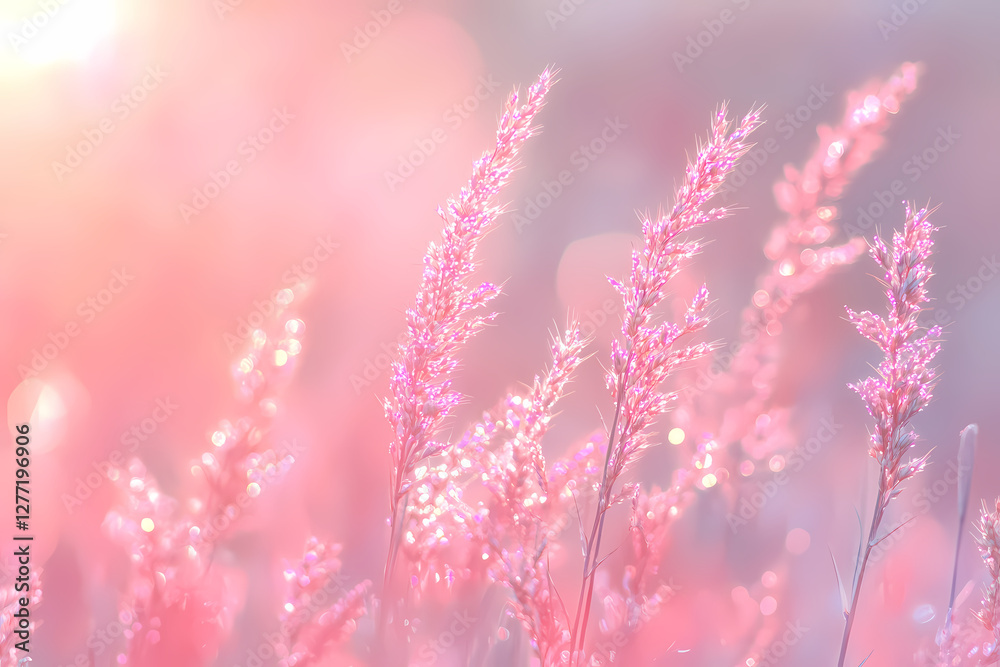 Whispers of Pink: Delicate pink flowers sway gently in the soft light, creating a dreamy and ethereal scene, evoking feelings of peace and serenity.