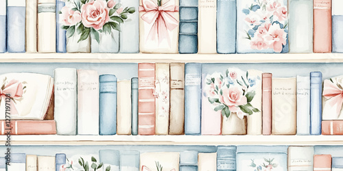 Wooden bookcase full of different books and watercolor bows flowers. Seamless vector pastel pattern. Education library and bookstore concept. Vector illustration