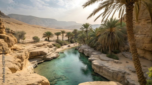 An Omani desert oasis swimming hole, a hidden gem surrounded by rugged canyon walls and lush palm trees photo